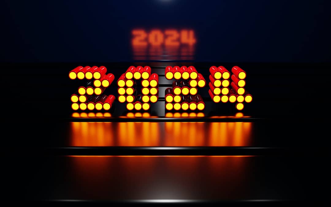 Lysande siffror som bildar '2024' i en futuristisk stil, med en reflektion i bakgrunden. Bilden symboliserar en ny era och vikten av att implementera framgångsrika strategier under 2024 och framåt för att uppnå tillväxt och innovation.